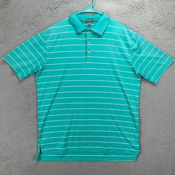 Peter Millar Summer Comfort Golf Polo Shirt Mens Large Aqua Wide Pinstripe Rugby
